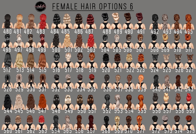 Pu&ograve; includere: Un grafico di 75 diversi stili di capelli femminili, numerati da 480 a 575. Gli stili di capelli sono mostrati su una persona che indossa una canotta nera.