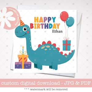 Carte d'anniversaire dinosaure - jolie carte imprimable, cadeau parfait pour petit-fils, fille, nièce, neveu et fils, idéale pour les amateurs de dinosaures
