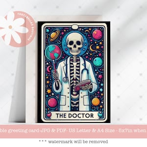 Carte imprimable : carte de retraite du Dr squelette drôle, carte promotionnelle à téléchargement immédiat 5 x 7, cadeau d'adieu collègue, félicitations du docteur diplômé