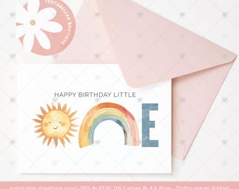 Printable Birthday Card, 1st Birthday Greeting Card, Instant Download 5x7 Card, Happy Birthday Little One, Cute Sun Greeting Card