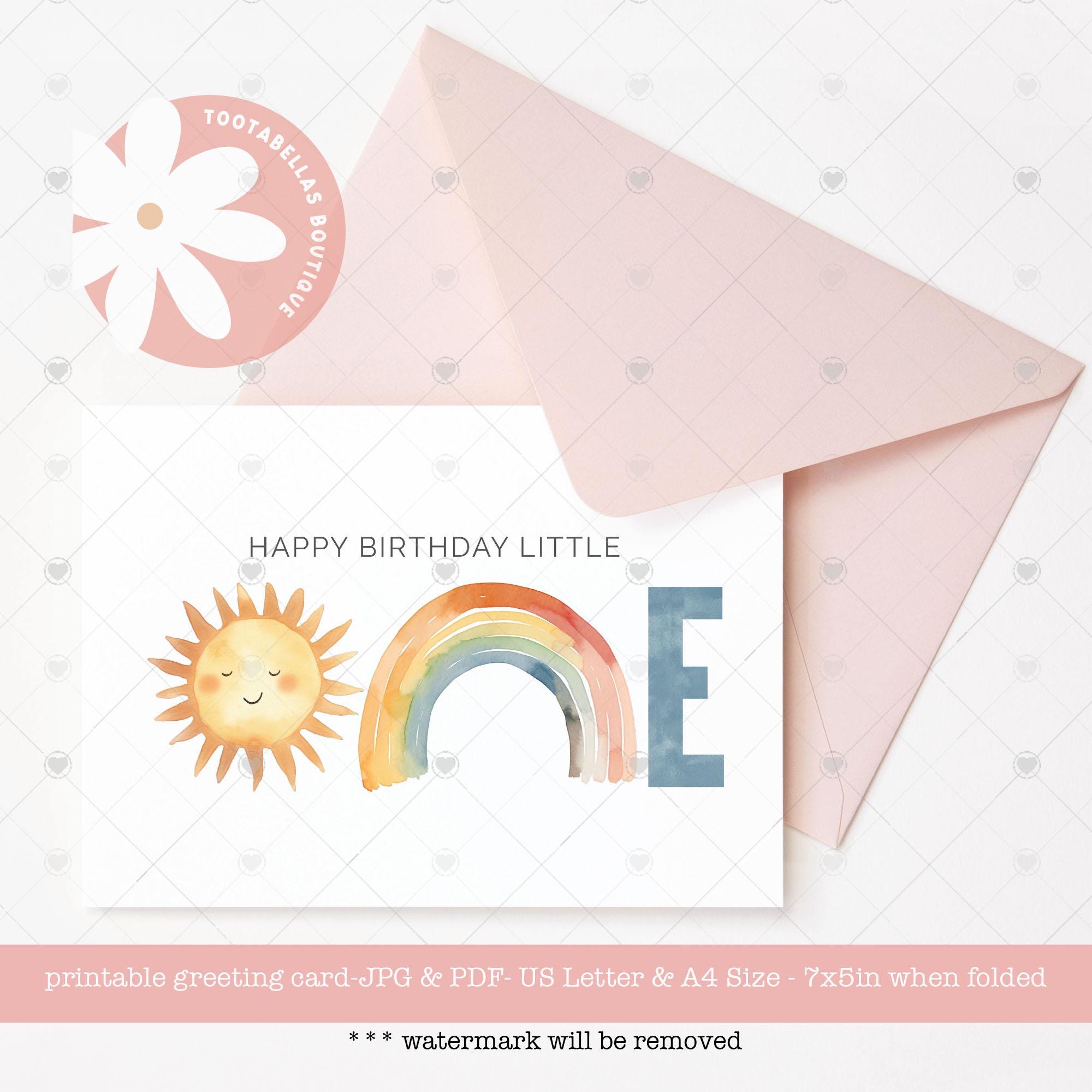 1st Birthday Card: Watercolor Sun & Rainbow (Digital Download)