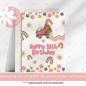 Carte d'anniversaire imprimable Boho arc-en-ciel, 10e carte d'anniversaire pour les filles, carte florale patin à roulettes rétro 5 x 7 à téléchargement immédiat pour elle