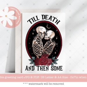 Carte imprimable, téléchargement immédiat, jusqu'à la mort, puis une carte de Saint-Valentin, carte amour squelette, humour noir drôle, carte de mariage gothique