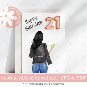 Carte imprimable - carte d'anniversaire personnalisée pour elle, souvenir unique de 21e anniversaire, célébration de joyeux 21e anniversaire, enfin une carte pour adulte