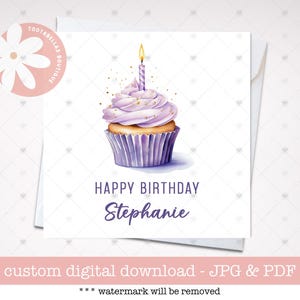 Personalized Purple Cupcake Birthday Card: Printable Bday Gift (Digital Download)