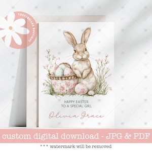 Carte de Pâques de lapin mignon | Carte imprimable en téléchargement numérique pour fille | Nom personnalisé et relation | Motif lapin oeuf pastel pour panier de Pâques
