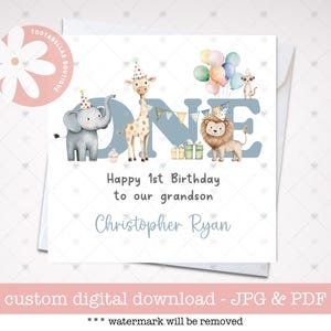 Biglietto d'auguri stampabile per il primo compleanno di un bambino, figlio, nipote e nipote con tema animali del safari - Biglietto d'auguri digitale di buon compleanno, regalo speciale per il primo compleanno
