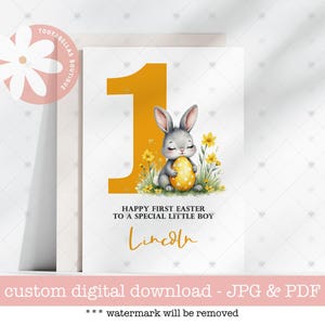 Carte de Pâques imprimable, carte de voeux personnalisée avec nom et relation pour enfants, carte personnalisée de joyeux lapin de Pâques, cadeau 1ère Pâques