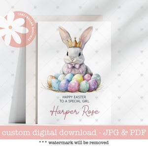Carte de Pâques de lapin mignon | Carte imprimable en téléchargement numérique pour fille | Nom personnalisé et relation | Oeufs pastel en forme de lapin pour panier de Pâques