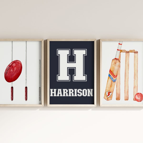 Set of 3 Nursery Wall Art, Kids Sports Aussie Rules, Football Name Nursery Print, Personalised Name Decor, Sports Poster, Cricket Wall Art