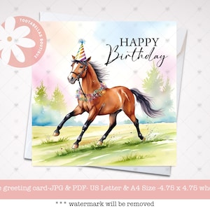 Carte carrée d'anniversaire de cheval imprimable 4,75" - Carte de cheval à téléchargement immédiat, cadeau à imprimer à la maison pour les amateurs de chevaux, joyeux anniversaire