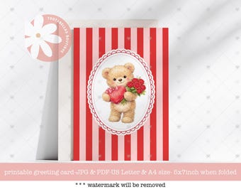 Cute Valentine Bear Card, Printable Valentine Greeting Card, Teddy Bear Love Card, Kids Valentine Card, Instant Download