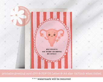 Zabawna kartka z okazji histerektomii do wydrukowania | Kartka z okazji pożegnania Felicia z macicą | Humor menstruacyjny, kartka z życzeniami powrotu do zdrowia | Kartka z informacją o powrocie do zdrowia dla kobiet | 5x7 do pobrania natychmiast