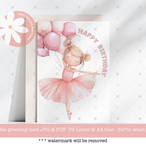 Cartão de aniversário 5x7 para impressão, download instantâneo, cartão de aniversário de bailarina, cartão de aniversário de meninas, cartão de feliz aniversário de bailarina, cartão de dançarina