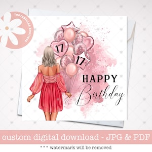 Cartão personalizado de aniversário de 17 anos para meninas - presente para melhor amiga, irmã e filha para imprimir, cartão de aniversário de dezessete anos para ela