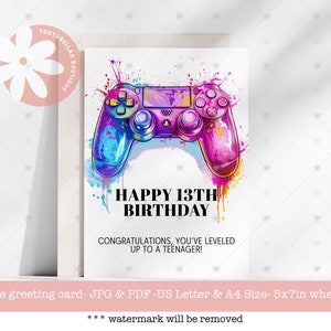 Druckbare Geburtstagskarte, 13.Geburtstagskarte, druckbare 13.Geburtstagskarte, Videospielkarte, 13.Geburtstag, Gamer-Teenager-Karte, Leveled-Up-Karte