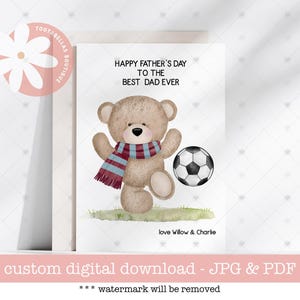 Carte de fête des pères personnalisée imprimable avec ours en peluche de football - nom personnalisé des papas/grands-pères, carte de football imprimable pour papa et amateurs de football