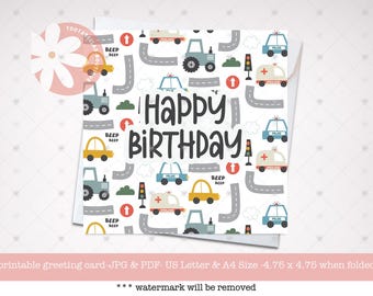Cartão para impressão - Feliz aniversário para você, cartão de aniversário de carros fofos para crianças, cartão de felicitações de transporte, download instantâneo em PDF