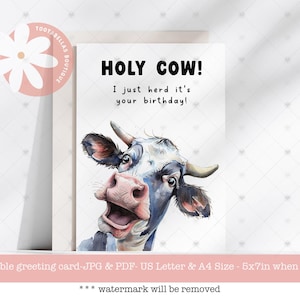 Funny Cow Birthday Card: Pun Greeting, 5x7 (Digital Download)