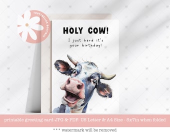 Funny Cow Birthday Card: Pun Greeting, 5x7 (Digital Download)