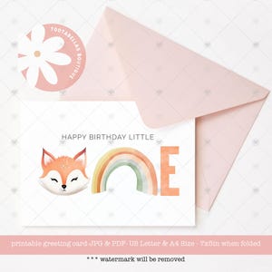 Printable Birthday Card - 1st Birthday Greeting Card, Cute Fox Design, Instant Download 5x7 Card, Happy Birthday Little One