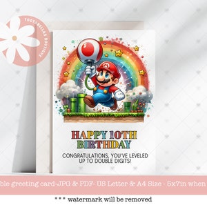 Tarjeta de cumpleaños imprimible, tarjeta del décimo cumpleaños, tarjeta de arcoíris imprimible del décimo cumpleaños, tarjeta de videojuego, tarjeta de dos dígitos para jugadores, tarjeta de nivel superior