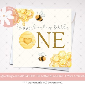 1st Birthday Card Printable | Happy Bee Day Little One | Cute Bees Birthday Card | 4.75” Square Card for Kids | Instant Digital Download