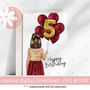 Cartão de aniversário de 5 anos para meninas para impressão | Cartão de menina personalizado para irmã, filha, sobrinha, prima | 5x7, cartão de aniversário de 6 anos, cartão de aniversário exclusivo