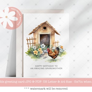 Tarjeta imprimible, descarga instantánea, linda tarjeta de cumpleaños para abuela, tarjeta imprimible para amantes de los pollos, tarjeta de felicitación de cumpleaños divertida y divertida