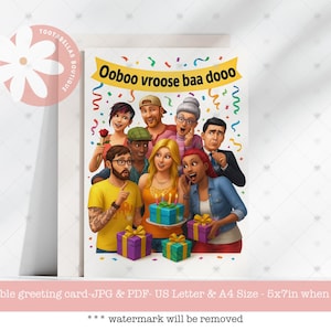 以下が含まれることがあります： 誕生日を祝う人々のグループの漫画イラストが描かれたグリーティングカード。カードには、黄色いバナーに「Ooboo vroose baa dooo」の文字と、紙吹雪とプレゼントが描かれています。カードは折りたたむと12.7cm x 17.8cmです。