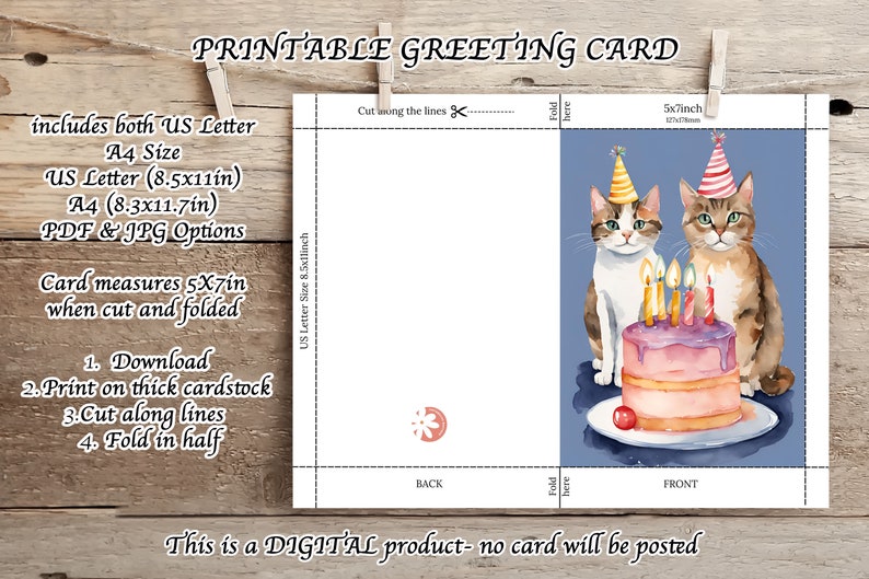 Happy Birthday Cat Lover Card | Printable 5x7 Cute Cats Card | Instant ...