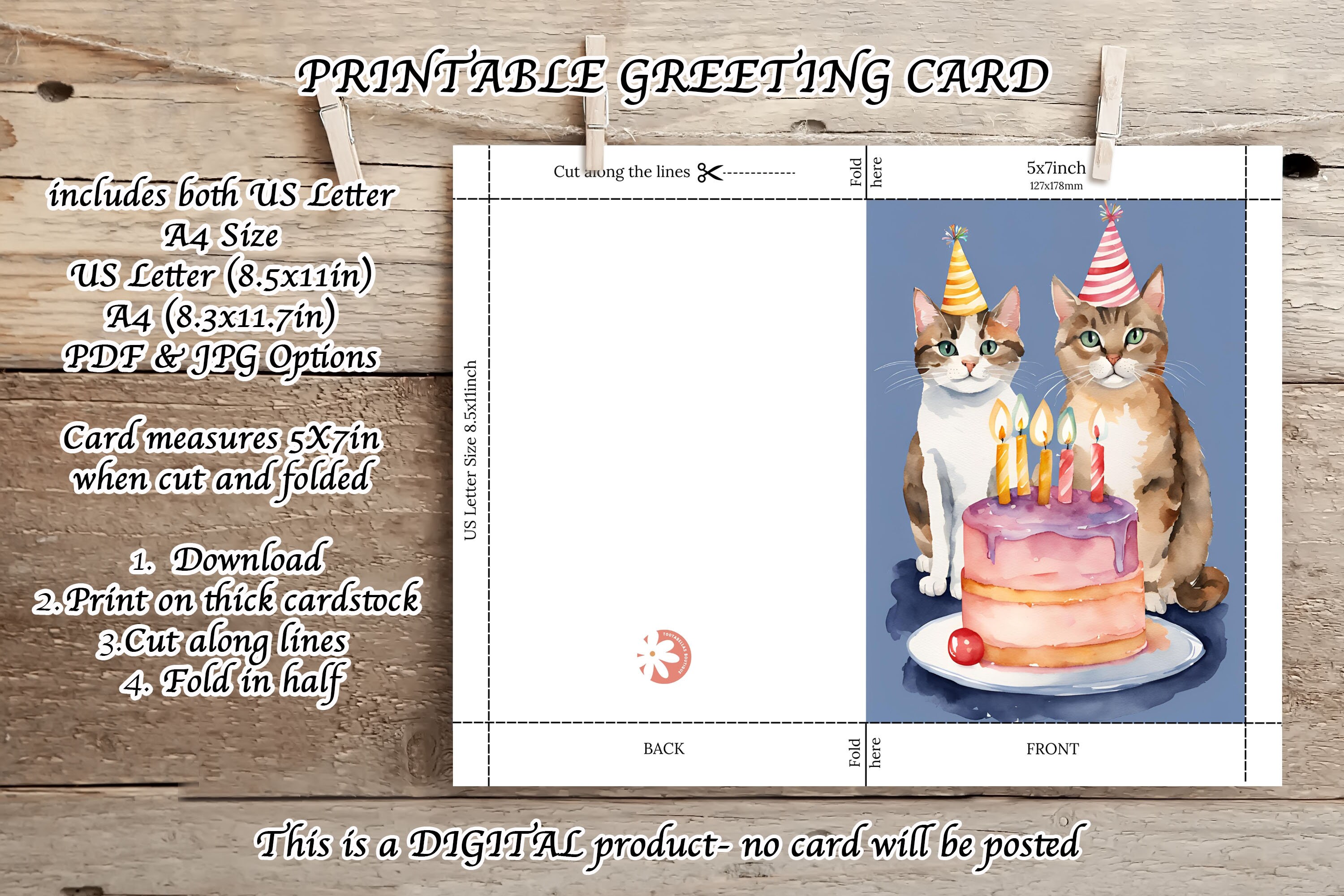 Happy Birthday Cat Lover Card | Printable 5x7 Cute Cats Card | Instant ...