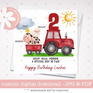 Printable Card, Personalised Farm Animals Birthday Card, Second Birthday Card For Son, Red Tractor Card, Gift for Grandson, Farm Theme Card