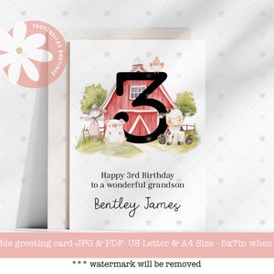Carte d'anniversaire imprimable - carte personnalisée pour le 3e anniversaire, thème animal petit fermier, cadeau non sexiste pour les enfants, cadeau de fête à la ferme