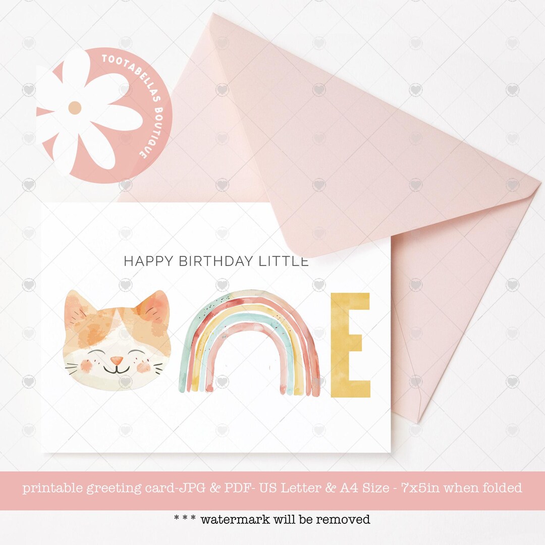 1st Birthday Card Printable - Cute Cat Instant Download, Whimsical Baby ...