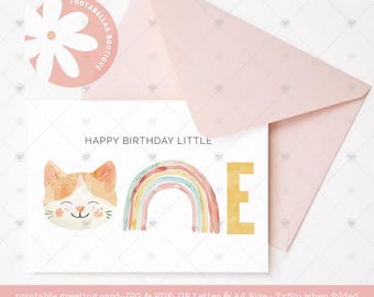 May include: Printable birthday card featuring a watercolor illustration of a cat, rainbow, and the number one. The card is white with pink and yellow accents. The text "Happy Birthday Little" is printed at the top of the card.