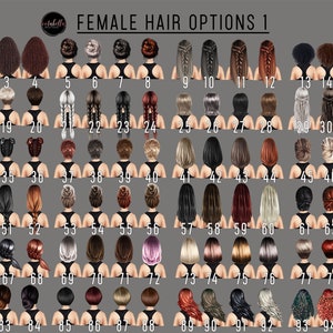 Pu&ograve; includere: Un grafico con 96 diverse opzioni di acconciature femminili. Le acconciature sono numerate da 1 a 96. Le acconciature sono tutte di colori e stili diversi.