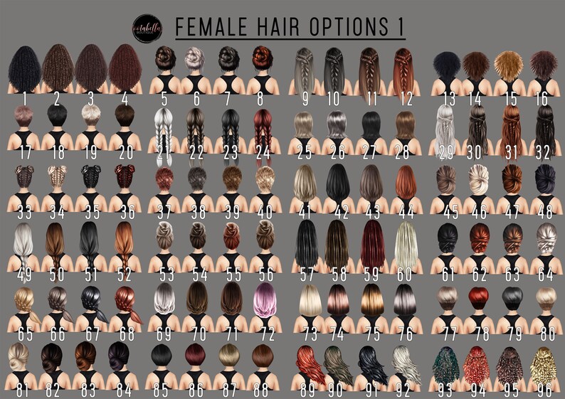Pu&ograve; includere: Un grafico con 96 diverse opzioni di acconciature femminili. Le acconciature sono numerate da 1 a 96. Le acconciature sono tutte di colori e stili diversi.