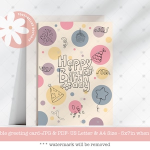 Cartão de aniversário para impressão - Cartão de felicitações fofo e simples com pontos, download instantâneo digital 5x7, perfeito para desejos de aniversário, cartão de felicitações