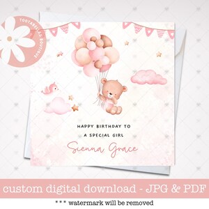 Cartão de aniversário personalizado para menina, cartão de aniversário para bebê, cartão de urso fofo para filha, neta, cartão de aniversário de urso caprichoso,