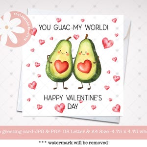 Afdrukbare kaart, grappige valentijnskaart, You Guac My World, avocadokaart, kaart met woordspeling, kaart grappig paar, verjaardagskaart grappig paar, kaart Cheesy Couple
