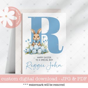 Digitale paaskaart downloaden, aangepaste naam, voorletter en verwantschap, unieke paaskaart, cadeau-idee voor kleine jongens Schattige paaskaart konijn