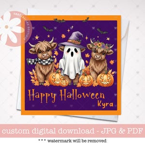 Custom Name Halloween Card for Kids | Cute Highland Cows in Costume | 4.75” Square Printable Halloween Card | Jack-o’-Lanterns and Cow Card
