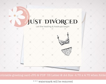 May include: A greeting card with the text "JUST DIVORCED" and "Let the healing & hookups begin." The card features a black and white illustration of a bra and underwear set. The card is white with a pink logo in the upper left corner.