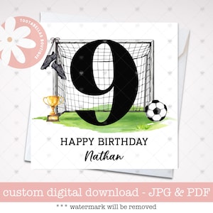 Voetbalverjaardagskaart voor jongens | Aangepaste afdrukbare sportkaart | Moderne voetbalkaart voor kinderen | Perfect cadeau voor voetballiefhebbers | Elke naam en leeftijd: