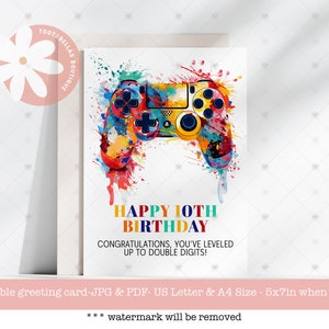 Carte d'anniversaire à imprimer, 10e anniversaire, 10e anniversaire à imprimer, carte de jeu vidéo, carte de joueur à deux chiffres, carte de niveau supérieur, carte de pré-ado