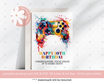 Printable Birthday Card, 10th Birthday Card, 10th Birthday Printable, Video Game Card, Gamer Double Digits Card, Leveled Up Card, Tween Card