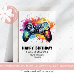Téléchargement immédiat, carte de 13e anniversaire 5 x 7 imprimable pour les adolescents gamers - anniversaire sur le thème du jeu vidéo, officiellement une carte d'adolescent, téléchargement numérique