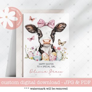 Jolie carte de Pâques personnalisée vache, carte imprimable 5 x 7 pour n'importe quel nom et relation, carte de Joyeuses Pâques pour petites filles, design mignon génisse