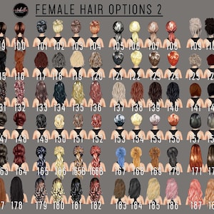 Pu&ograve; includere: Un grafico di 190 diversi stili di capelli femminili. Gli stili di capelli sono numerati da 97 a 190. Gli stili di capelli sono tutti di diversi colori e stili.